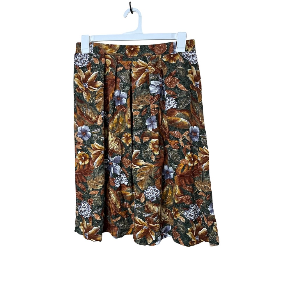 Vintage Panther Floral Midi Skirt Women's Size 16 Brown‎ Green Pleated